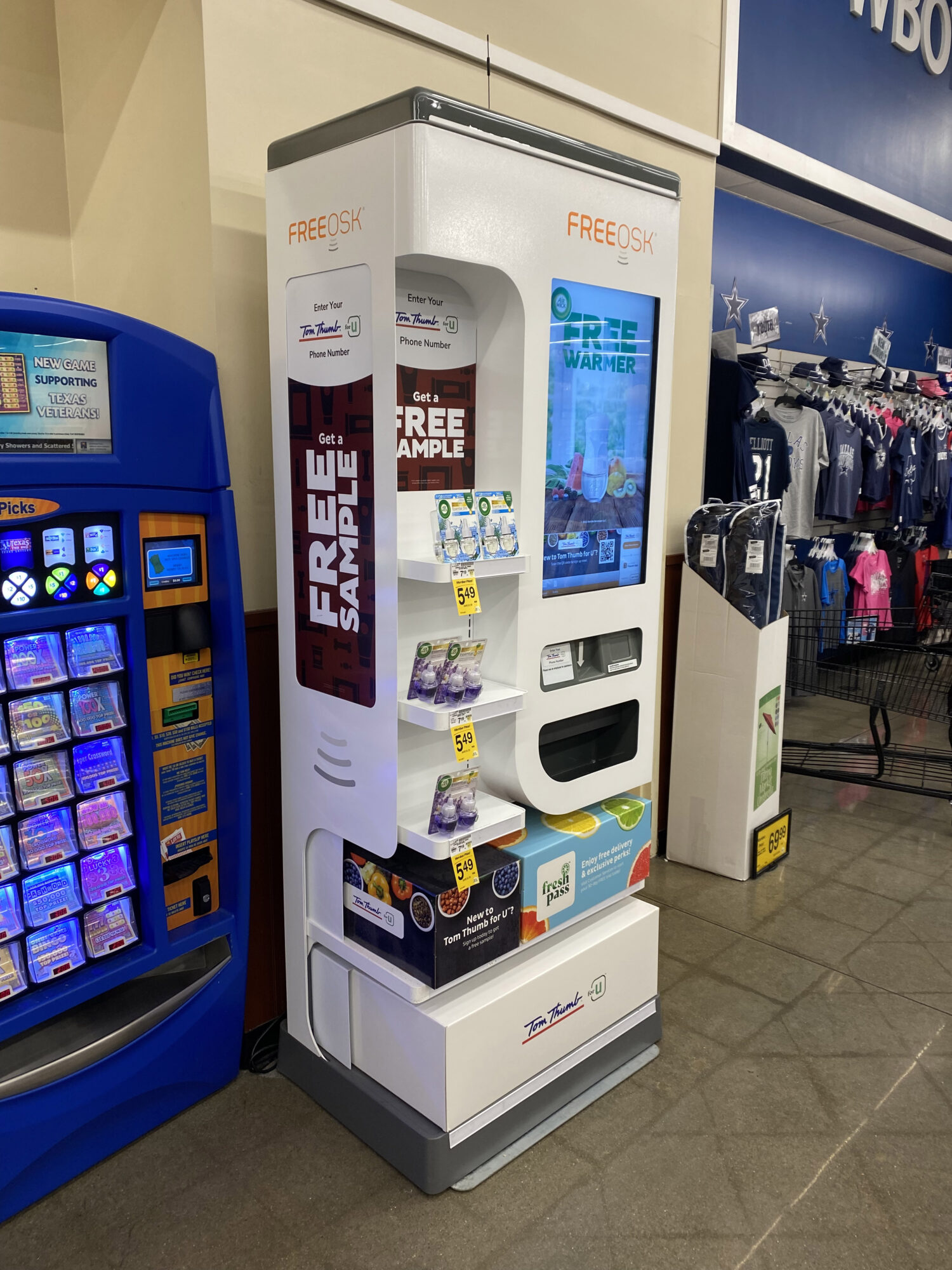 side view of a free sample kiosk